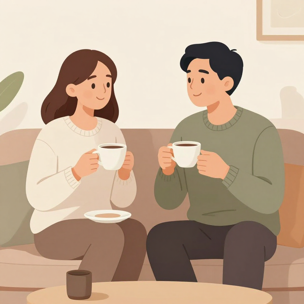 Casal conversando com xícaras de café